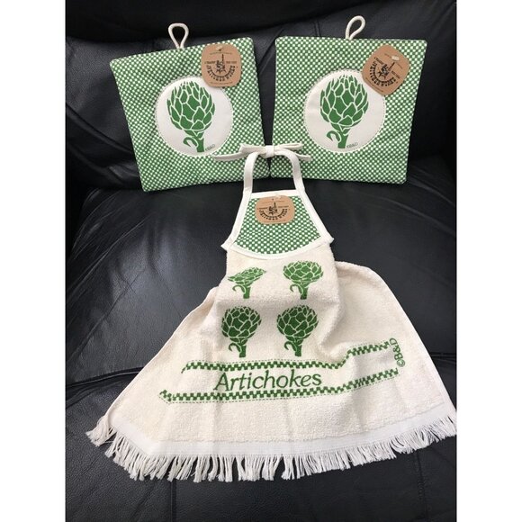 Vtg 1970's Set Of Three Artichoke Kitchen Works B & D Dish Towel 2 Matching Pot - Picture 1 of 10